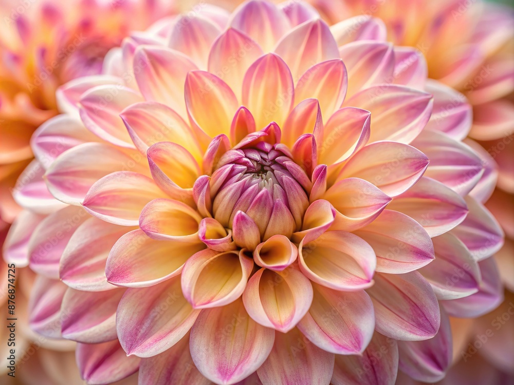 Delicate, soft pink petals of a dahlia flower unfurl from the center, showcasing intricate texture and subtle color gradations in this intimate, macro botanical portrait.