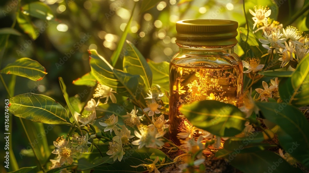 Golden honey in a jar surrounded by delicate acacia blossoms and verdant leaves, offering a glimpse of nature's sweet bounty. Golden honey in a jar surrounded by delicate acacia blossoms and verdant leaves, offering a glimpse of nature's sweet bounty.