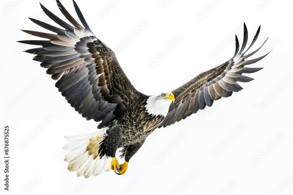 Naklejka premium a bald eagle banks in the air against a white sky