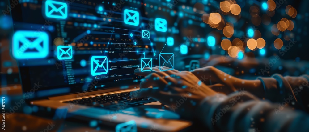 Hands typing on laptop with glowing email icons, digital communication concept. Hands typing on laptop with glowing email icons, digital communication concept.
