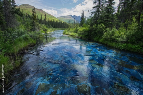 A blue colored creek filled with glacial flowerr or coloital particles in the Mattanuska River Valley in Alaska. The composition is almost straight down on the river and forest. photo