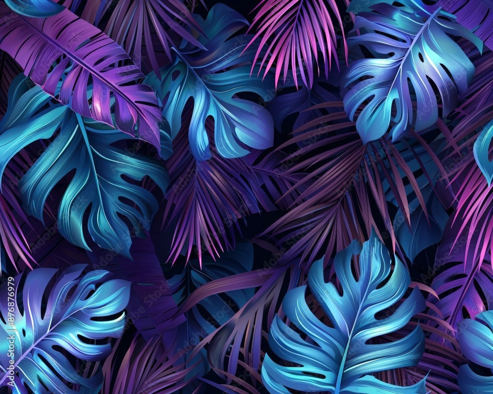 Purple, blue and pink palm and monstera leaves on a dark background. a pattern of leaves of a tropical palm tree. Botanical illustration. The theme of recreation, travel, tourism.