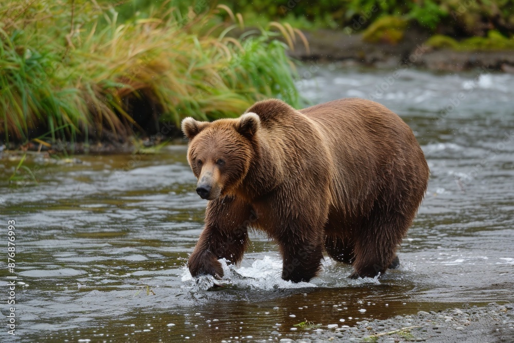 A coastal brown bear walks through a gentle river in the Alaskan wilderness while waiting for schools of salmon to come in from the ocean and push up to their spawning grounds. A coastal brown bear walks through a gentle river in the Alaskan wilderness while waiting for schools of salmon to come in from the ocean and push up to their spawning grounds.