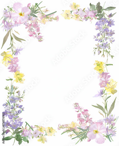 An intricate and elegant frame for note cards, featuring a rectangle border with delicate watercolour wildflowers in soft pastel colours