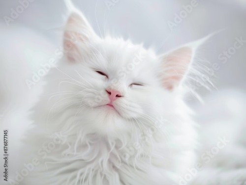 Adorable fluffy white cat sleeping peacefully
