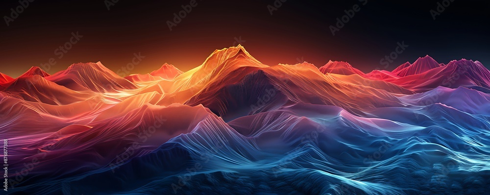 Abstract 3D render of organic mountains and hills, fluid valleys, dark backdrop, vivid gradients, high detail. Abstract 3D render of organic mountains and hills, fluid valleys, dark backdrop, vivid gradients, high detail.