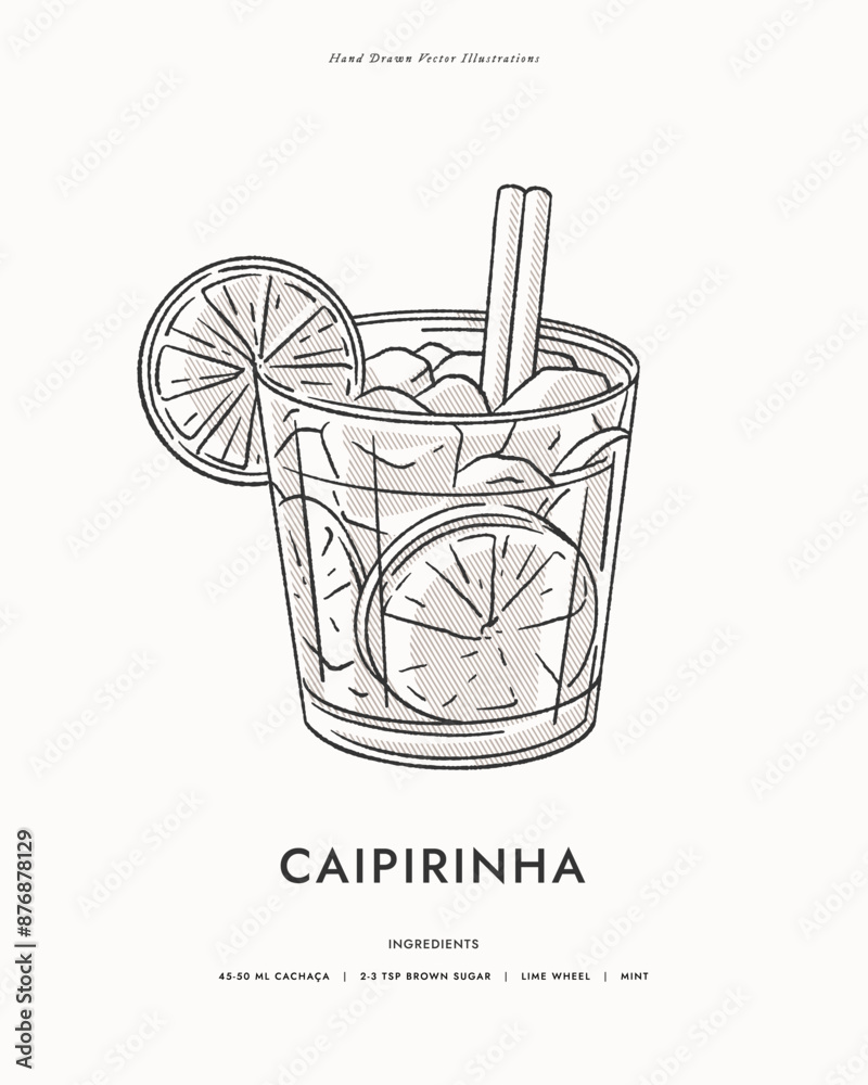 Caipirinha. Cold cocktail with lime wedges and ice cubes in a glass glass. A classic alcoholic drink. Illustration for drinks cards, bar and wedding menus, cards and website graphics. Caipirinha. Cold cocktail with lime wedges and ice cubes in a glass glass. A classic alcoholic drink. Illustration for drinks cards, bar and wedding menus, cards and website graphics.