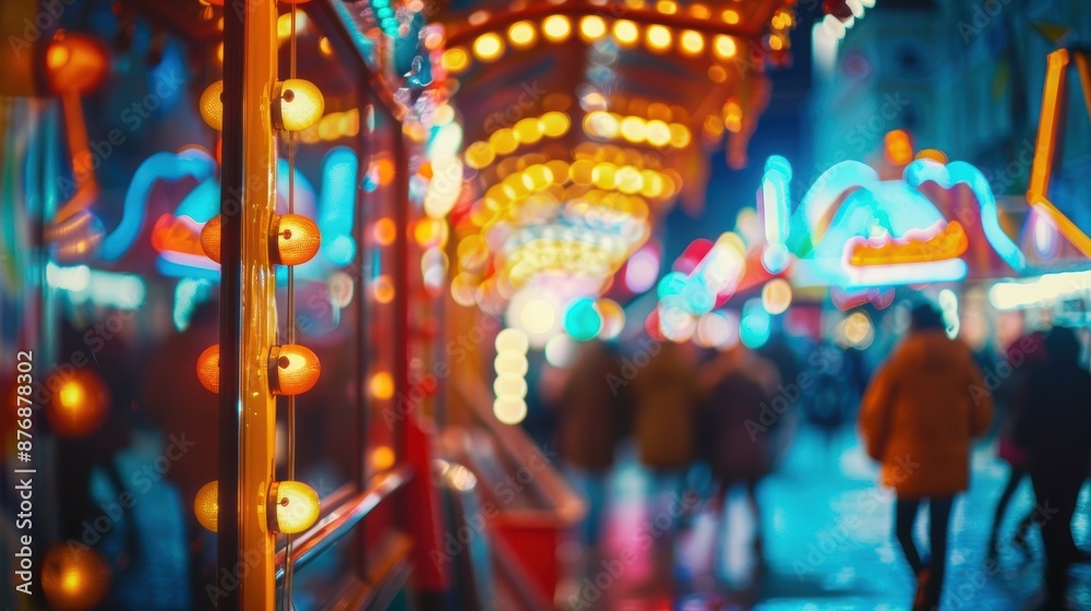 Blurred colorful lights at a bustling street fair, creating a vibrant and lively nighttime atmosphere with people enjoying the event. Blurred colorful lights at a bustling street fair, creating a vibrant and lively nighttime atmosphere with people enjoying the event.