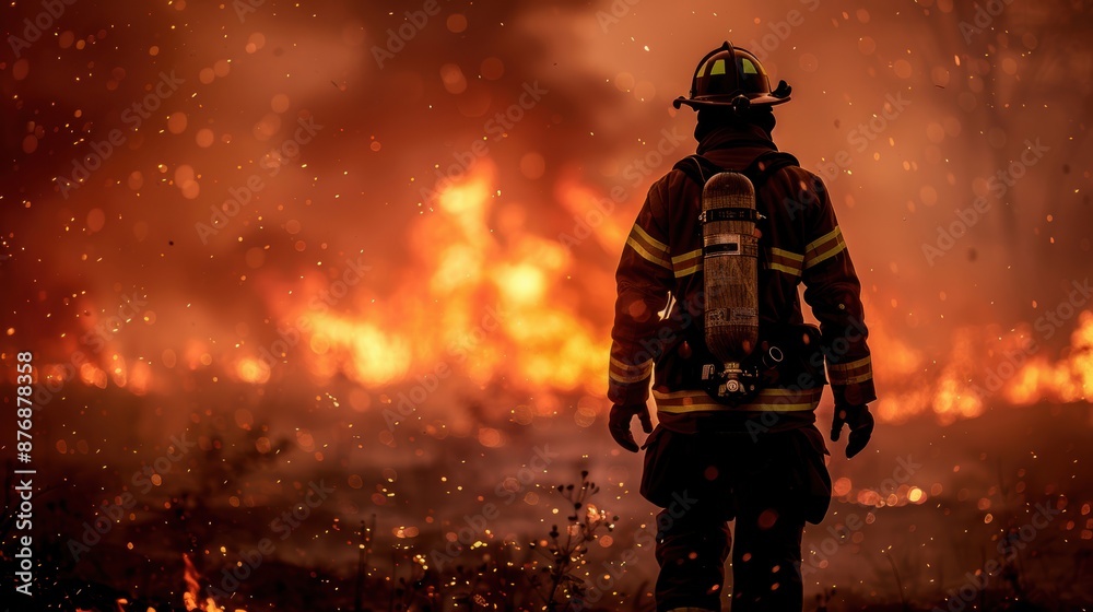 A firefighter stands in front of a raging wildfire, with flames and sparks illuminating the scene, showcasing bravery and danger. A firefighter stands in front of a raging wildfire, with flames and sparks illuminating the scene, showcasing bravery and danger.