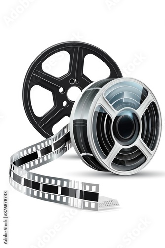 A film reel and strip on a white background, perfect for nostalgic or vintage-themed projects