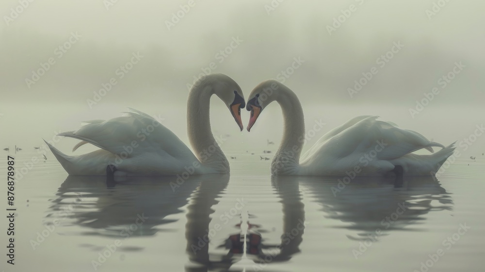 Fototapeta premium A pair of swans on the lake forming a heart, AI generated Image