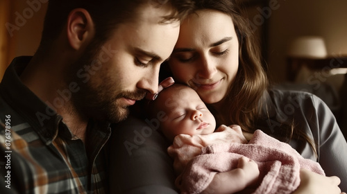 A tender family moment capturing a couple lovingly gazing at their newborn baby wrapped in a pink blanket.