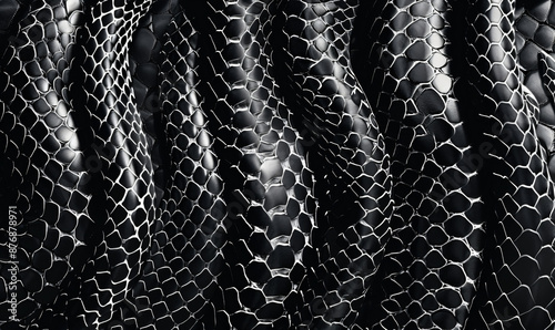 Black and white snake skin pattern. Abstract background with scales of the creature. Photorealistic, detailed, high resolution photo



