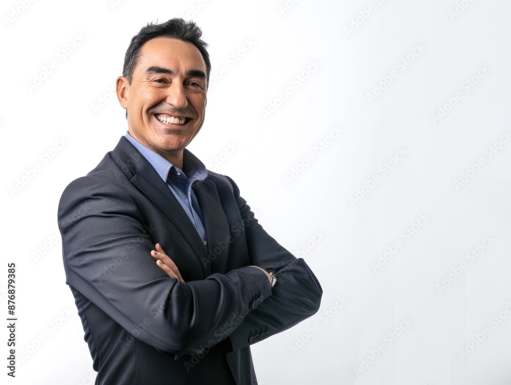 Man in a suit smiling and crossing his arms, suggesting confidence and professionalism Man in a suit smiling and crossing his arms, suggesting confidence and professionalism