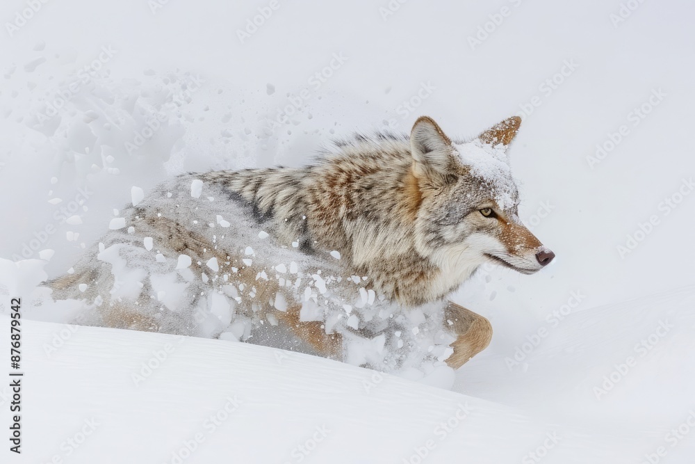 Fototapeta premium A large coyote in full winter coat makes his way through deep snow in Yellowstone National Parkâ€™s Hayden Valley.
