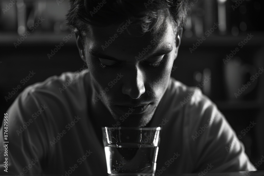 A person sits at a table with a glass of water, ready for a drink A person sits at a table with a glass of water, ready for a drink