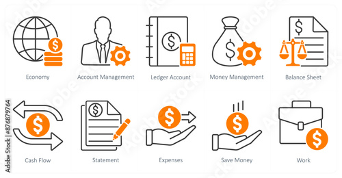 A set of 10 Mix icons as economy, account management, ledger account