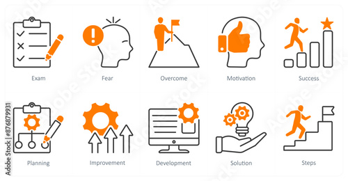A set of 10 Mix icons as exam, fear, overcome