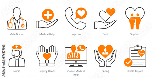 A set of 10 Mix icons as male doctor, medical help, helpline