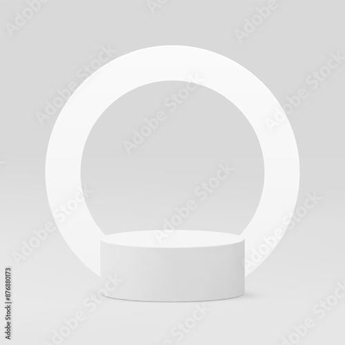 3d cylinder podium pedestal with white light round frame wall background realistic vector