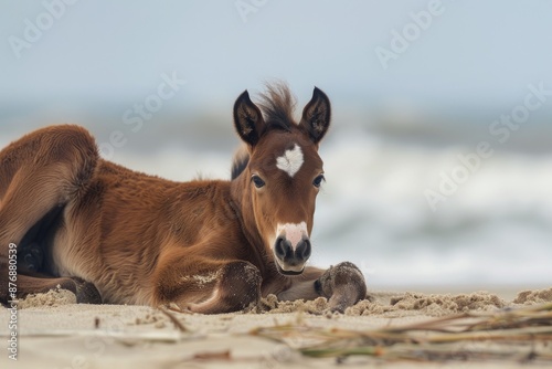 A newborn foal from the Corolla wild horse herd along the Outer Banks of North Carolina, lies in front of his mother. photo