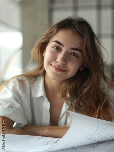A woman sits at a table with a piece of paper, focused on her work Free Download A woman sits at a table with a piece of paper, focused on her work - GFXLoad