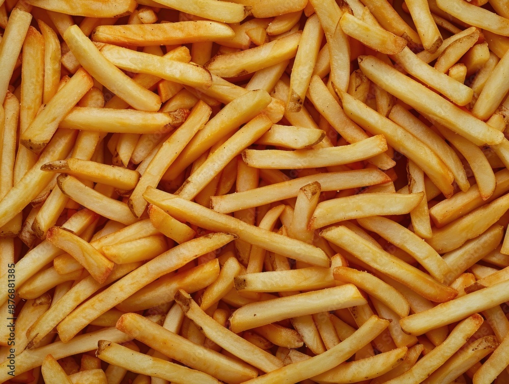 A close-up shot of a pile of crispy french fries, perfect for food photography or advertising A close-up shot of a pile of crispy french fries, perfect for food photography or advertising