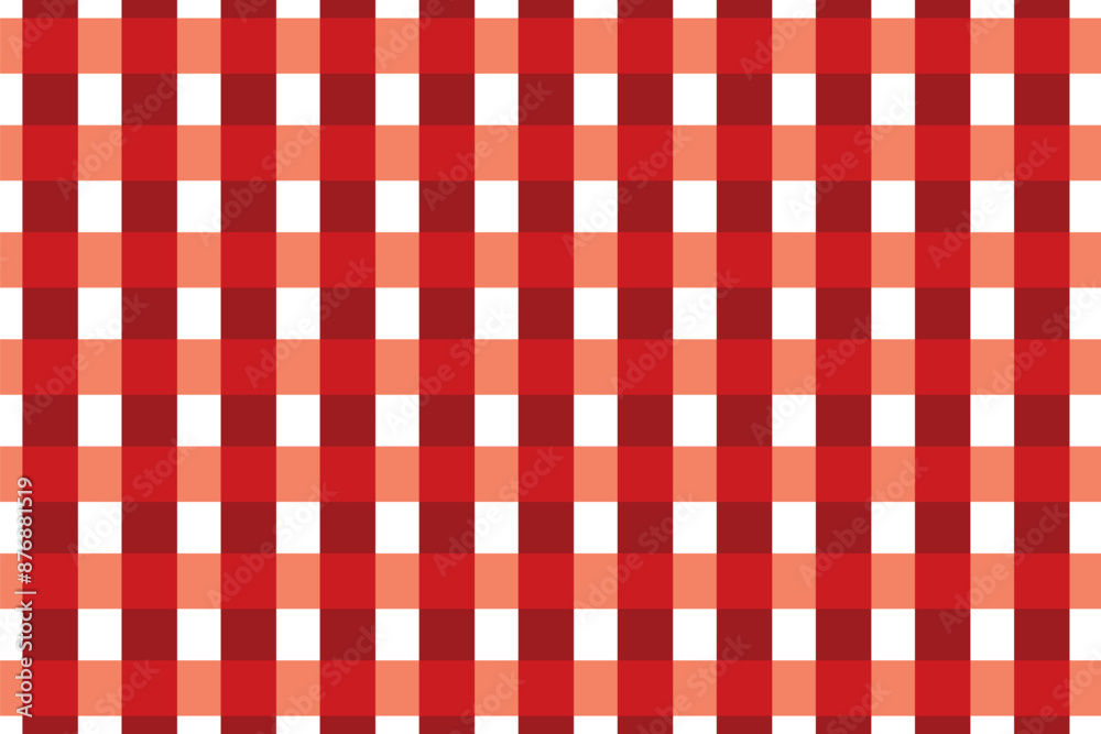Red and white checkered tablecloth. Top view table cloth texture background. Red gingham pattern fabric. Picnic blanket texture. Red table cloth for Italian food menu. Square pattern