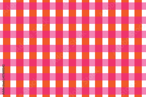 Red and white checkered tablecloth. Top view table cloth texture background. Red gingham pattern fabric. Picnic blanket texture. Red table cloth for Italian food menu. Square pattern