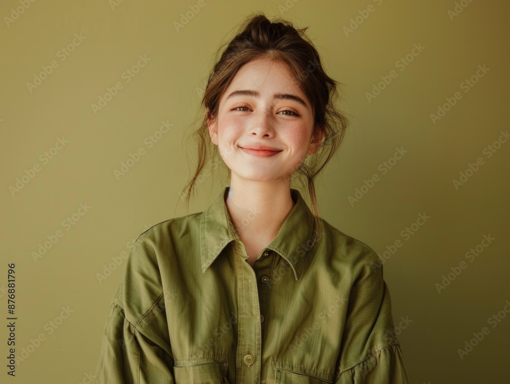 A happy young woman with a green shirt smiling directly at the camera A happy young woman with a green shirt smiling directly at the camera