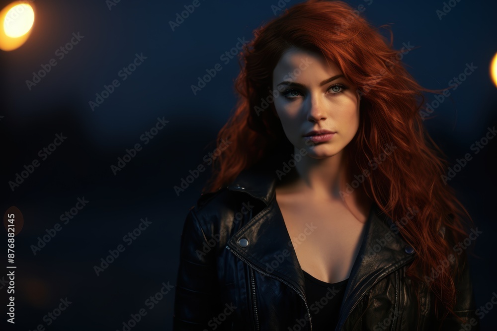 Fototapeta premium Intense redhead woman in leather jacket