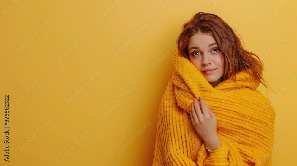 Cozy moment of a woman wrapped in a bright yellow blanket, perfect for home or travel use Cozy moment of a woman wrapped in a bright yellow blanket, perfect for home or travel use