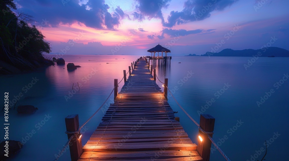 Obraz premium Sunset Over Wooden Pier Leading to Gazebo