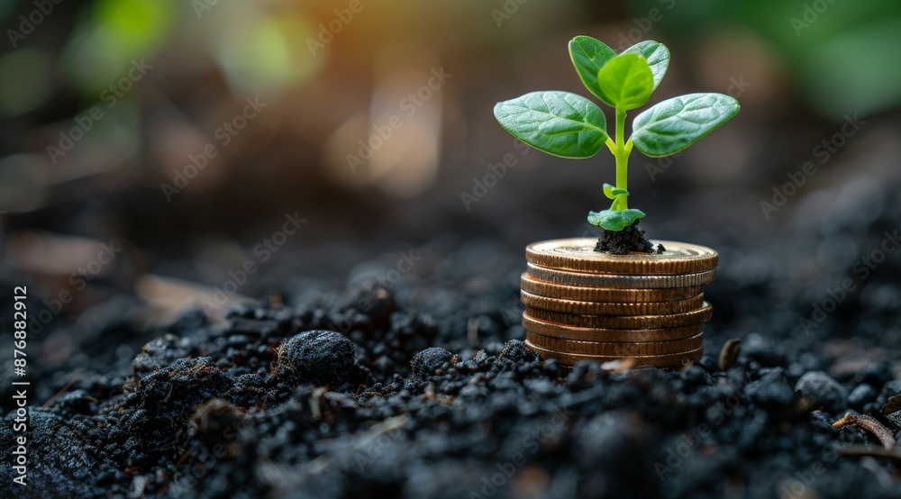 Coin stack with young green sprout on top. Business success, Financial or money growing concept white background Coin stack with young green sprout on top. Business success, Financial or money growing concept white background