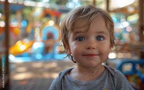 A young girl with blonde hair and blue eyes smiles at the camera while standing in front of a playground on a bright, sunny day