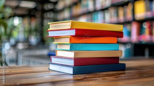 A colorful stack of books on a wooden table in a modern library, offering a vibrant and organized look at reading materials.