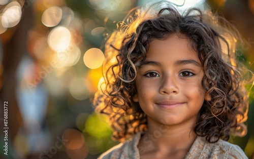 A young girl with curly brown hair smiles at the camera while standing outdoors in the sunlight © imagineRbc