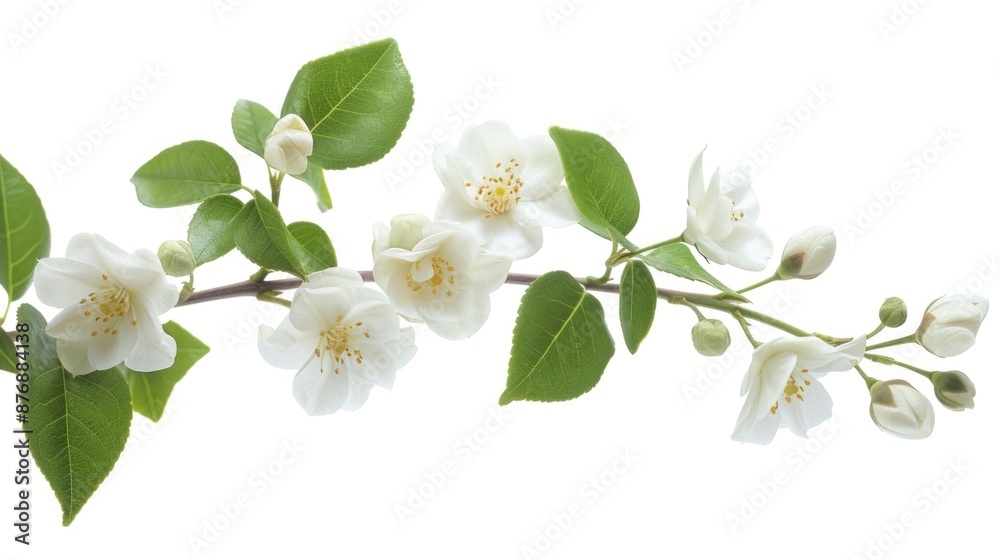 Obraz premium Close-up shot of a branch of white flowers with green leaves, ideal for using in designs related to nature, beauty, or simplicity