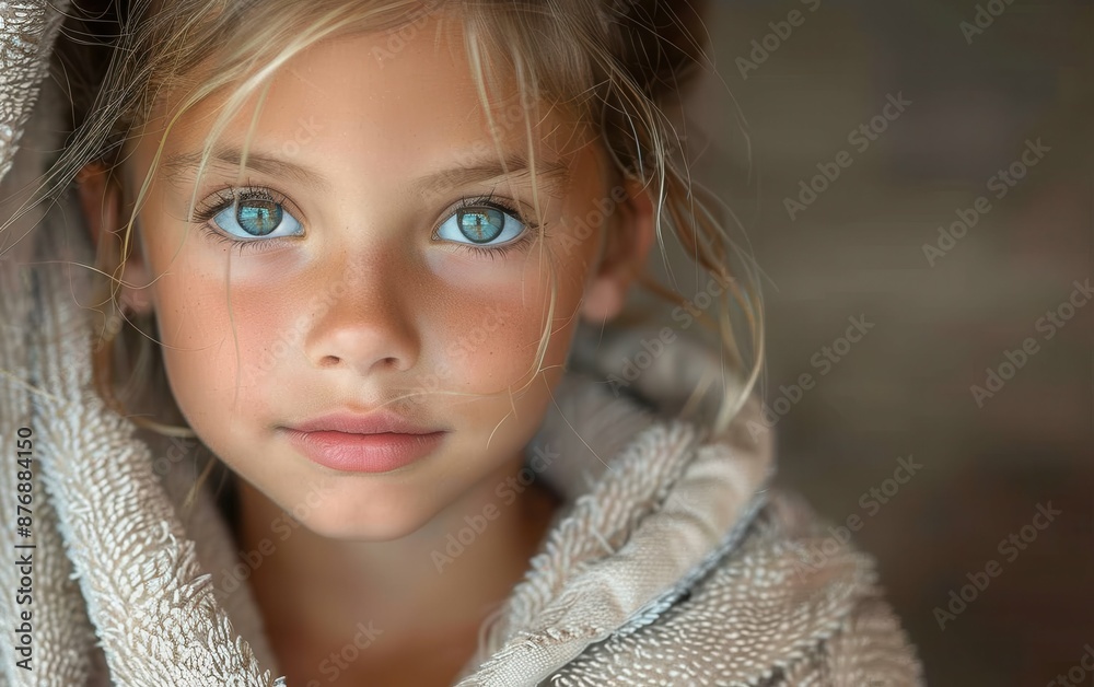 A young girl with blonde hair and blue eyes looks directly at the camera. She is wearing a white hoodie A young girl with blonde hair and blue eyes looks directly at the camera. She is wearing a white hoodie
