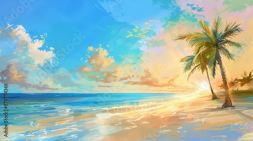 Vibrant tropical beach at sunset, featuring a solitary palm tree against a colorful sky and dynamic ocean waves