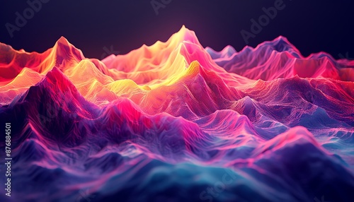 Abstract 3D mountains and valleys with trippy shapes, dark background, vivid gradients, highly detailed.