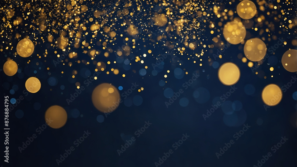 Obraz premium Golden Rain luxurious beautiful dark navy blue and gold orange bokeh light effect background of abstract glitter lights. de focused, blurred. Ideal Christmas, new year, holiday background