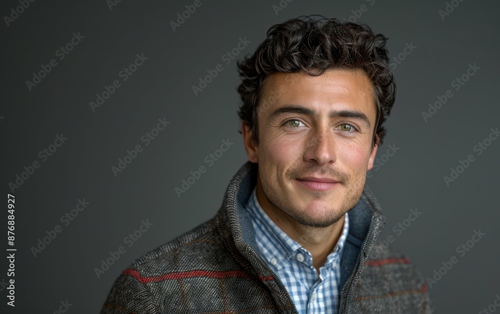 A young man with curly brown hair smiles softly while looking directly at the camera. He is wearing a plaid shirt under a dark grey jacket and a light beard