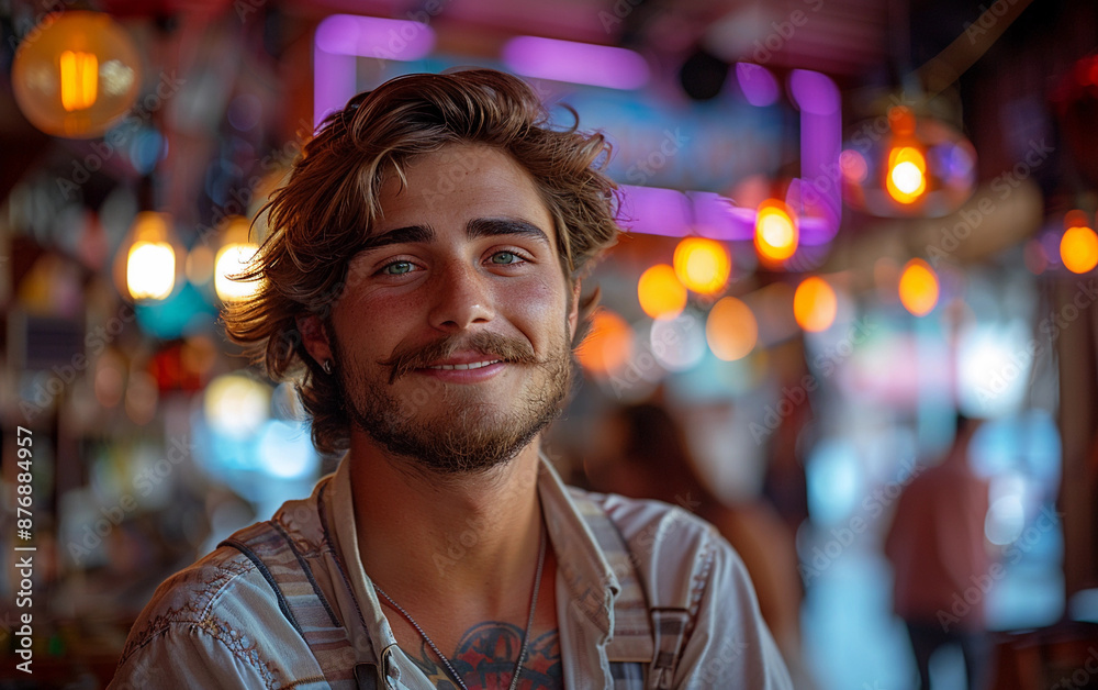 A young man with a beard smiles as he stands in a bar at night A young man with a beard smiles as he stands in a bar at night