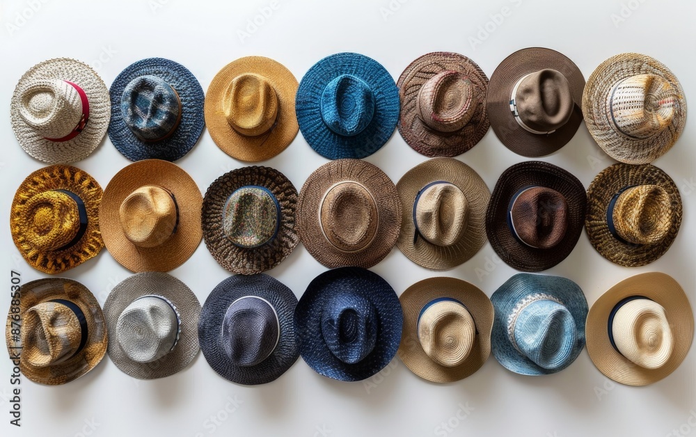 Collection of hats, lined up, white background Collection of hats, lined up, white background
