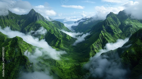 Lush green mountain landscape with clouds