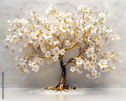 Tree with white flowers, gold branches on a light background, elegant 3D wallpaper in relief sculpture style.