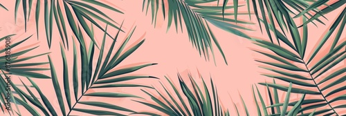 Tropical motif with palm leaves in various shades of green and pink over a soft yellow background, ideal for vibrant decor