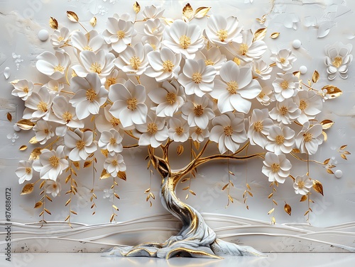 Tree with white flowers, gold leaves on a light background, detailed 3D wallpaper in relief sculpture style.