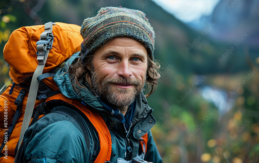 Obraz premium A man with a beard and a knitted hat smiles at the camera while carrying a large orange backpack in a mountainous landscape